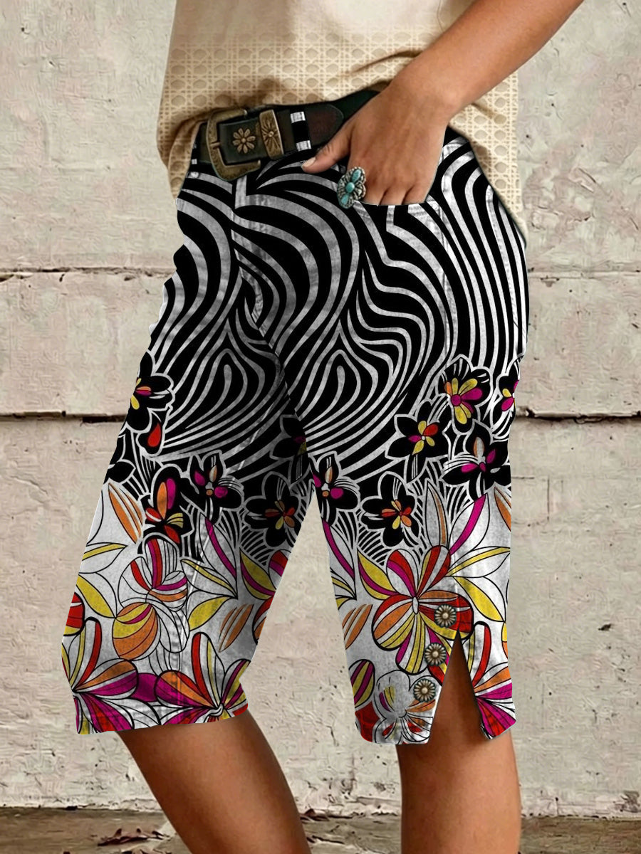 Retro Style Floral Print Vintage Casual Denim Shorts